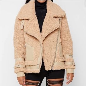 NWT Maniere De Voir Borg and Vegan Leather Shearling Biker Jacket - Beige